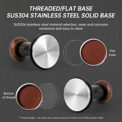 Coffee tamper base options: Flat (smooth surface for even tamping) vs. Threaded (ripple design for wider water contact). SUS304 stainless steel.