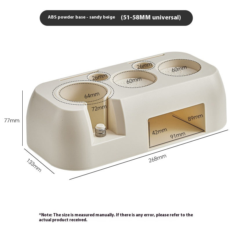 Beige powder base organizer with measurements on a white background