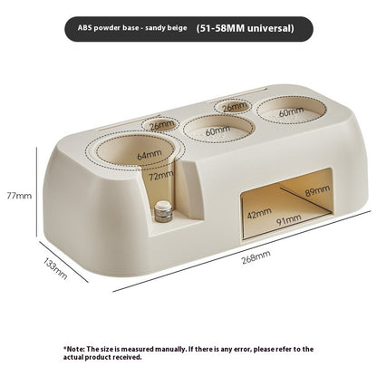 Beige powder base organizer with measurements on a white background