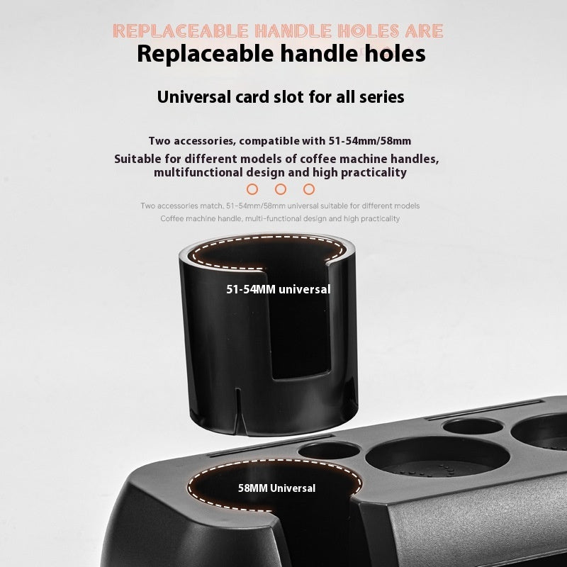 Black coffee machine handle with text about replaceable handle holes and universal card slot compatibility. BUY NOW