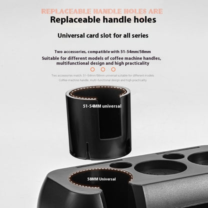 Black coffee machine handle with text about replaceable handle holes and universal card slot compatibility. BUY NOW