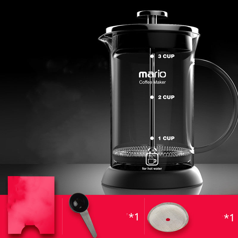 Black coffee maker with measurement markings on a dark background
