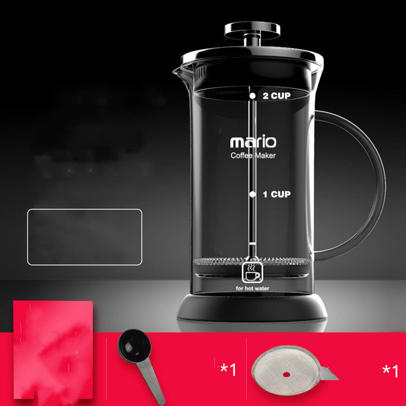 Black coffee maker with measurement markings on a dark background