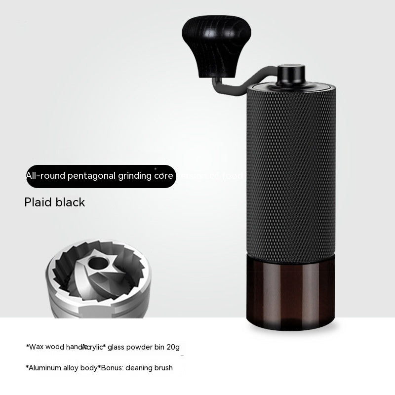 Black manual coffee grinder with glass bin, pentagonal core for precise home coffee grinding.