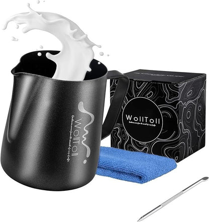 Black milk pitcher with 'WollToll' branding, blue towel, and metal tool on a white background Black stainless steel milk frothing pitcher with latte art pen and cloth. Perfect for home coffee lovers and baristas. 600ml capacity.Shop Now
