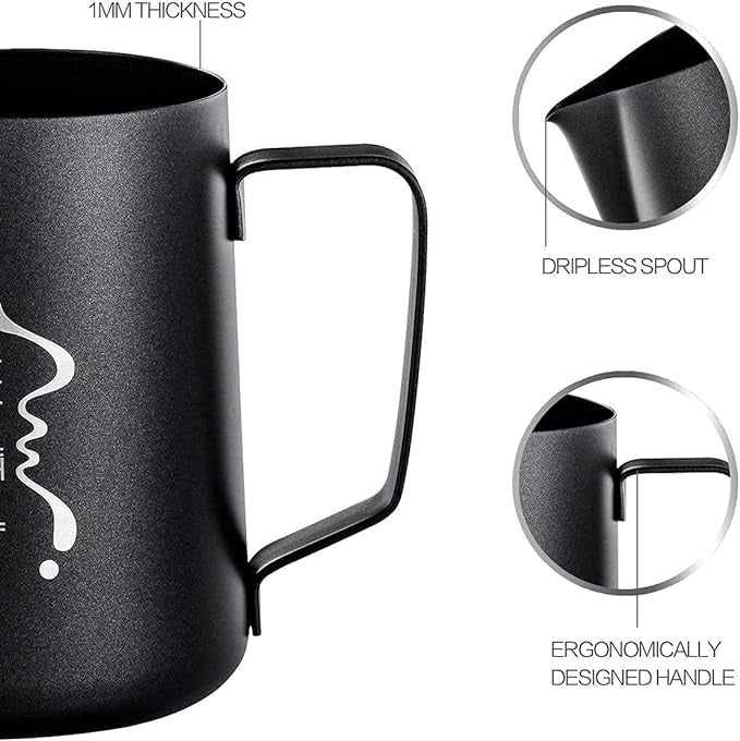 Black stainless steel milk frothing pitcher with latte art pen and cloth. Perfect for home coffee lovers and baristas. 600ml capacity.Shop Now
