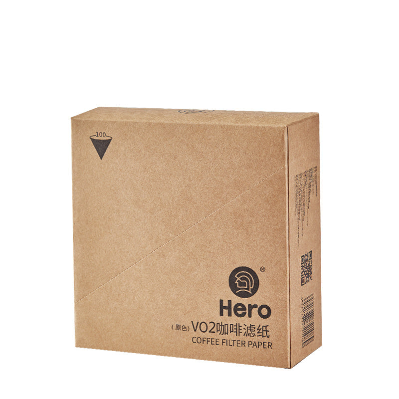 Brown cardboard box of Hero coffee filter paper on a white background