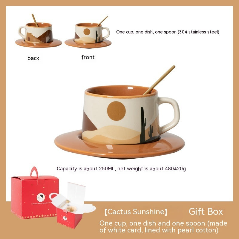 Ceramic cup with saucer, spoon, and gift box on a beige background