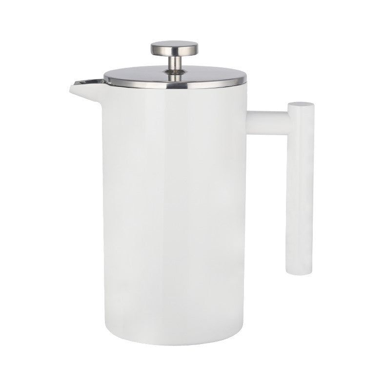 White French press coffee maker with a silver lid on a white background