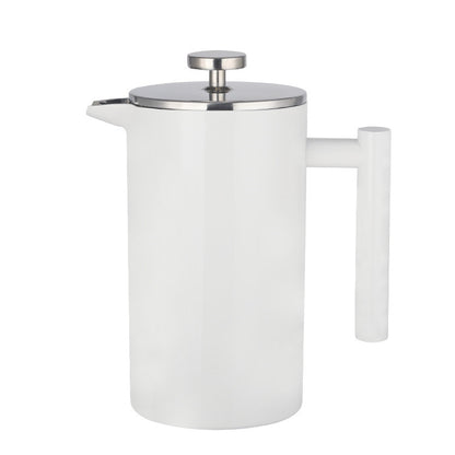 White French press coffee maker with a silver lid on a white background