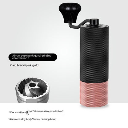 Premium manual coffee grinder in black and pink gold with pentagonal core, perfect for home brewing and consistent grinds.