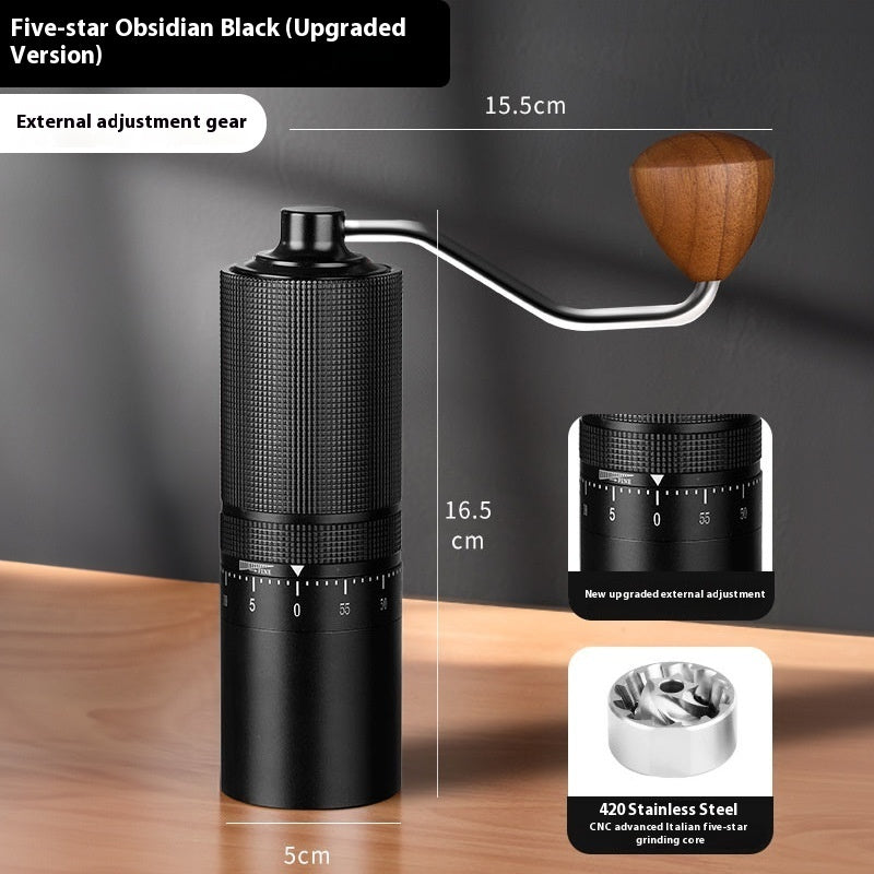 Five-Star Obsidian Black manual coffee grinder with dimensions and external grind adjustment. Premium 420 stainless steel burr for precise grinding