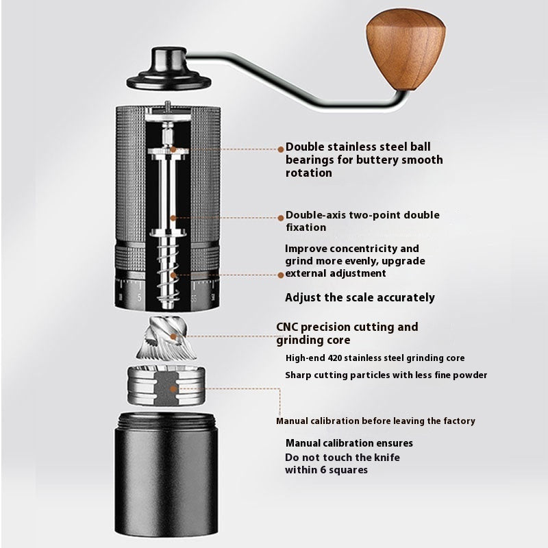 Manual coffee grinder external adjustment dial showing grind settings from fine to coarse, suitable for various coffee brewing methods