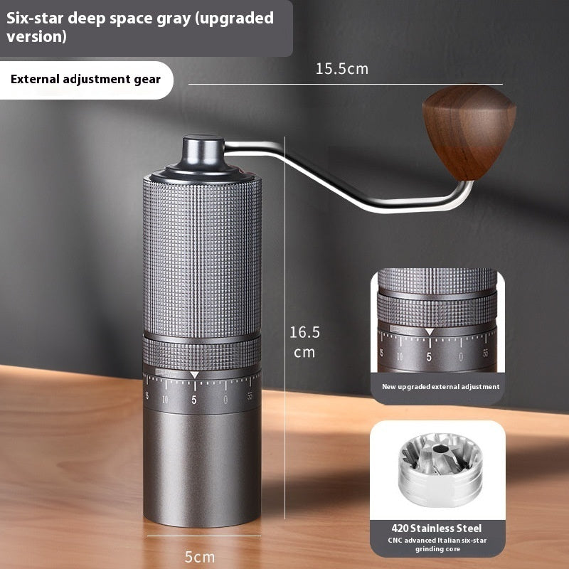 Six-star Deep Space Gray manual coffee grinder with measurements and external grinds adjustment. Durable 420 stainless steel burr for consistent results