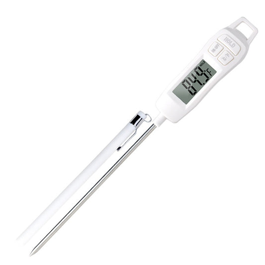 Digital thermometer with a white body and silver probe on a white Shop now 