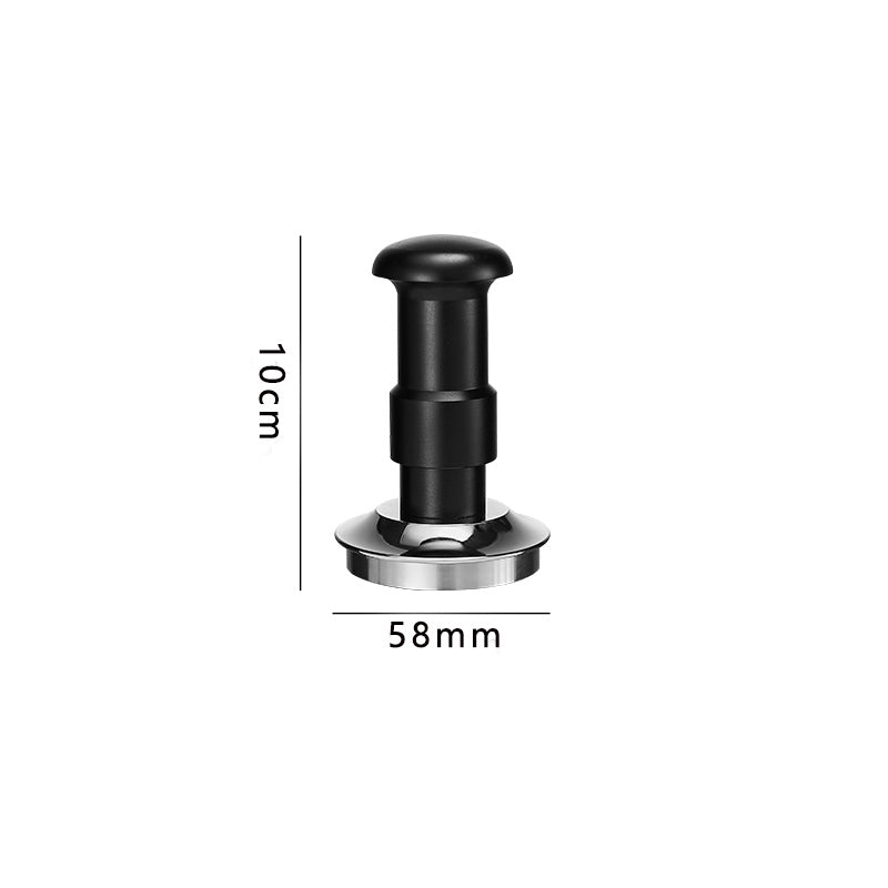 Dimensions of a silver adjustable coffee tamper: 10cm tall, 58mm  BLACK diameter base with patterned base design.