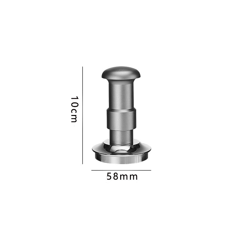Dimensions of a GRAY adjustable coffee tamper: 10cm tall, 58mm diameter base with patterned base design.