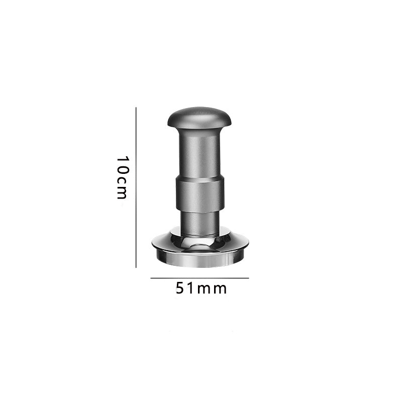 Dimensions of a silver adjustable coffee tamper: 10cm tall, 51mm diameter base with patterned base design.