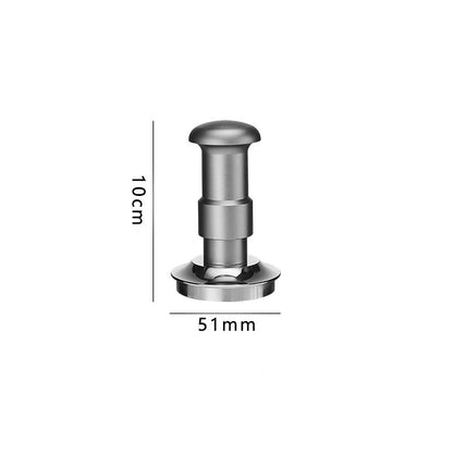 Dimensions of a silver adjustable coffee tamper: 10cm tall, 51mm diameter base with patterned base design.