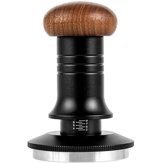 Walnut Handle Adjustable Coffee Tamper front view, 51mm, black and silver, for perfect espresso tamping. Free shipping. Shop Now. #Barista #HomeBarista #BestTamper 