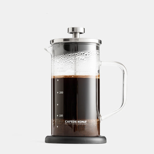 CAFEDE KONA 350ml French Press front view. Black base, clear glass, stainless steel top. #CAFEDEKONA #CoffeeMaker #KitchenEssentials