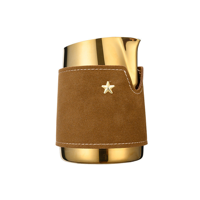 Gold cup with brown suede sleeve featuring a star  Free shipping