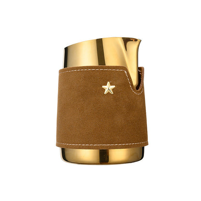 Gold cup with brown suede sleeve featuring a star  Free shipping