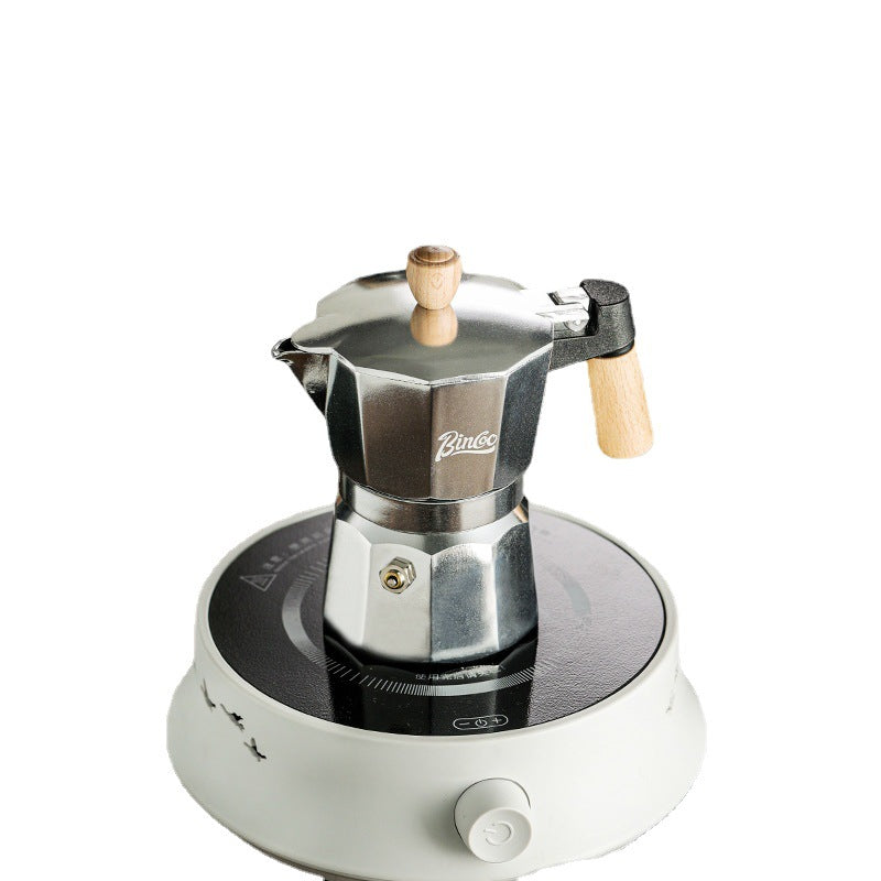  Isolated black Italian moka pot, classic stovetop coffee maker design