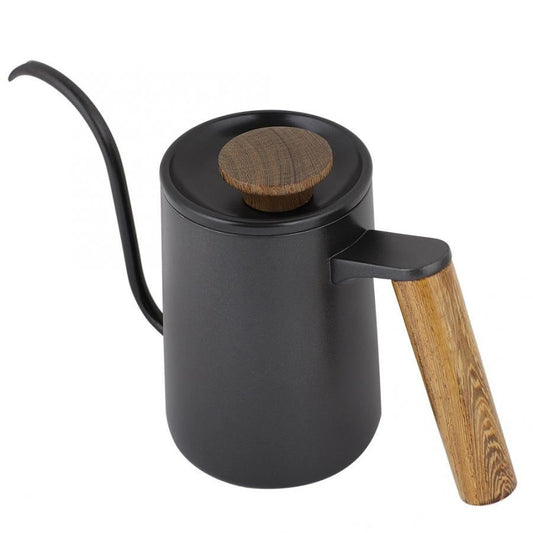 Black gooseneck pour-over coffee kettle, ergonomic wooden handle, home brewing.