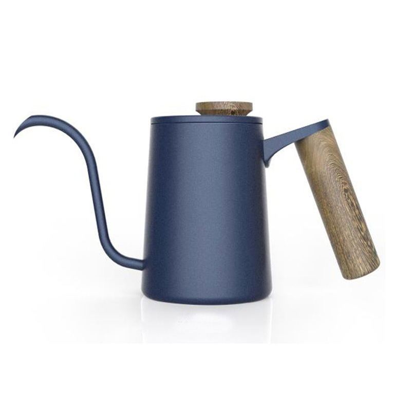 Blue gooseneck pour-over kettle, 316 stainless steel, sleek design.