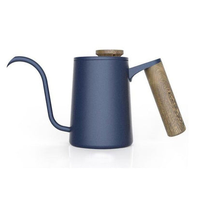 Blue gooseneck pour-over kettle, 316 stainless steel, sleek design.