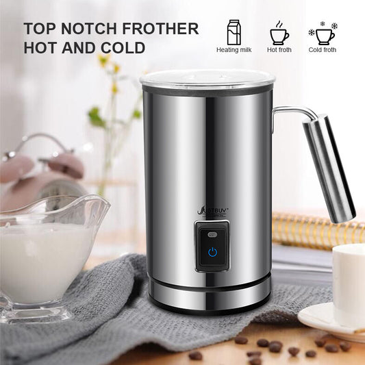 "Justbuy electric milk frother with extra whisks for more froth. Stainless steel frother for cappuccino, latte, and other coffee drinks."