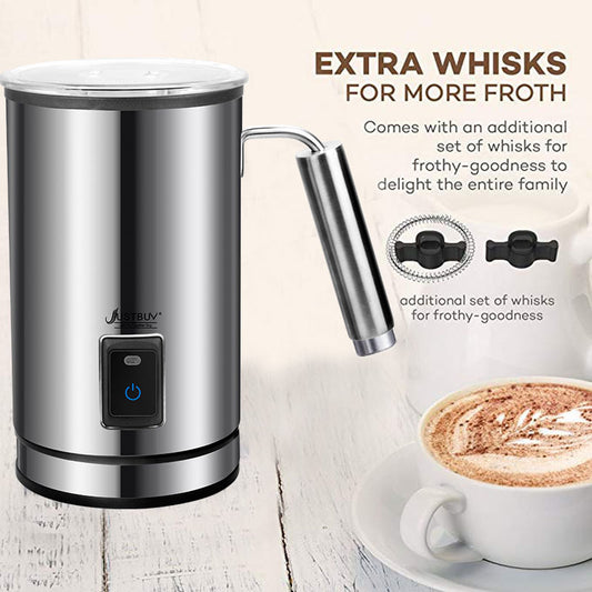 "Top-notch Justbuy milk frother for hot and cold milk and froth. Perfect for lattes and cappuccinos. Home barista tool."