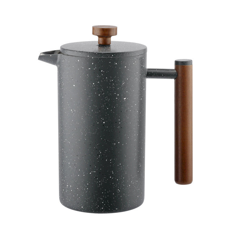 Black speckled French press with wooden handle and lid on a white background
