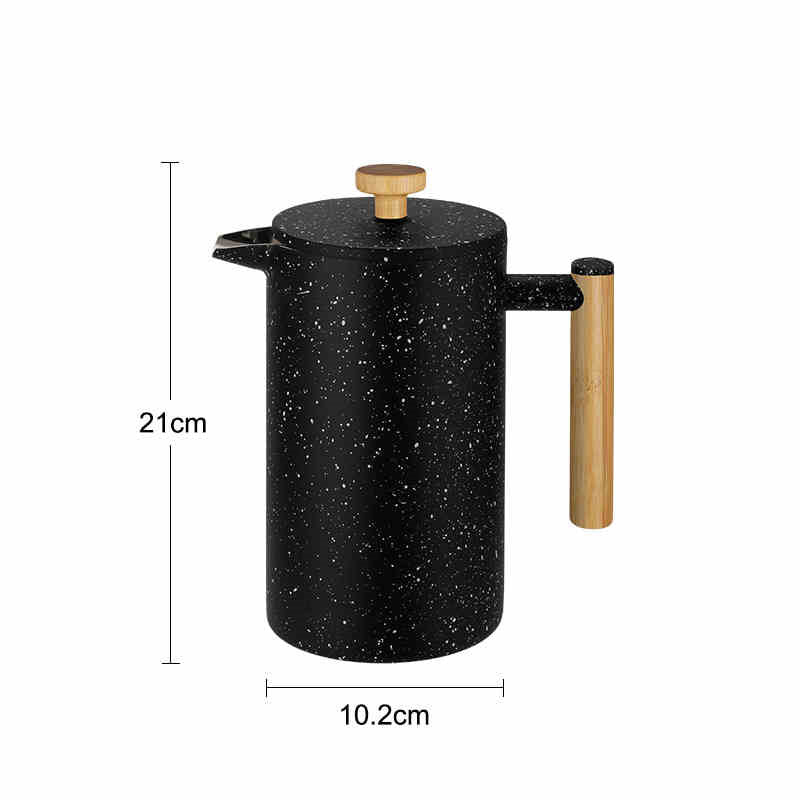 Black speckled coffee press with wooden handle and measurements on a white background