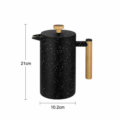 Black speckled coffee press with wooden handle and measurements on a white background