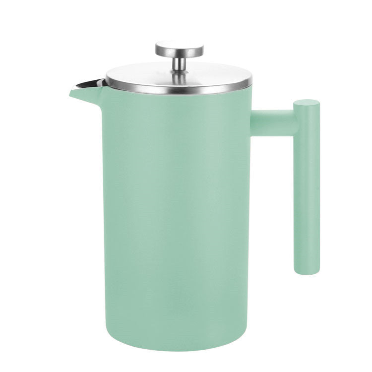 Mint green French press coffee maker on a white background