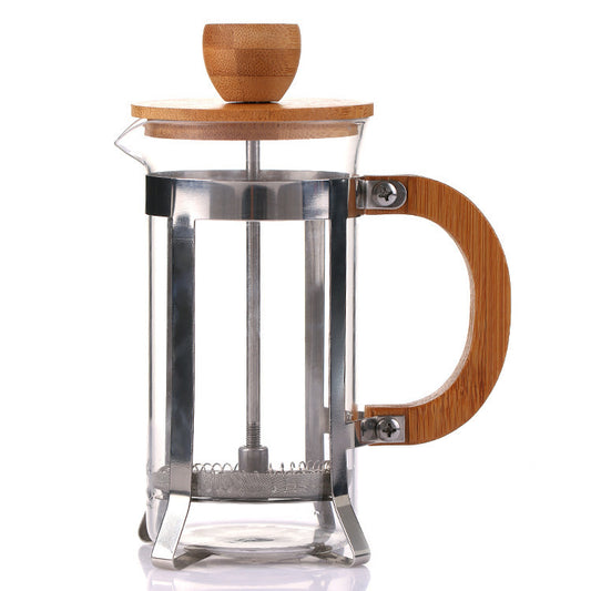 French press coffee maker with wooden lid and handle on a white background