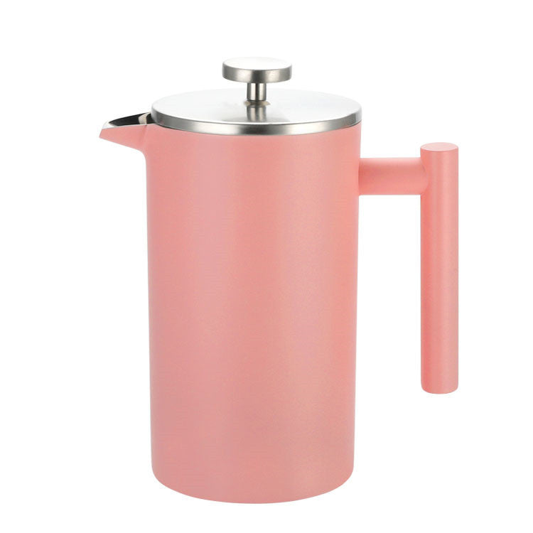 Pink French press coffee maker on a white background
