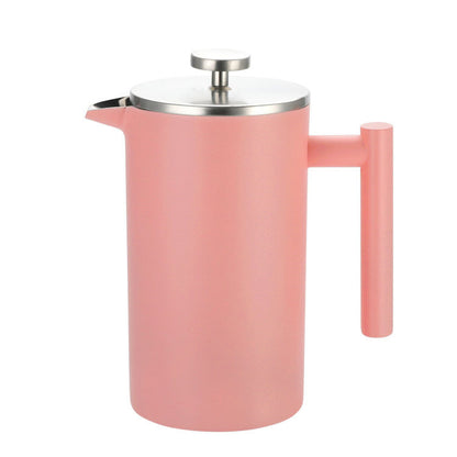 Pink French press coffee maker on a white background