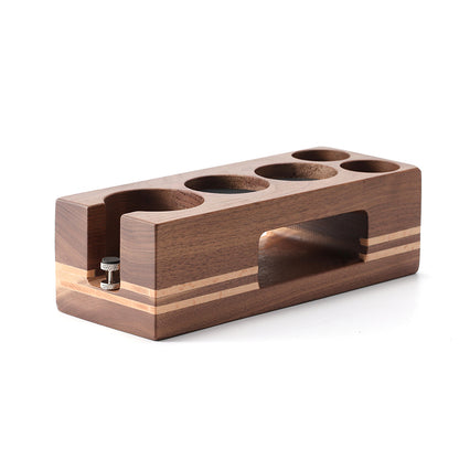 Side profile of a wooden coffee tamping station with an anti-slip mat and organized espresso tools. Shop now