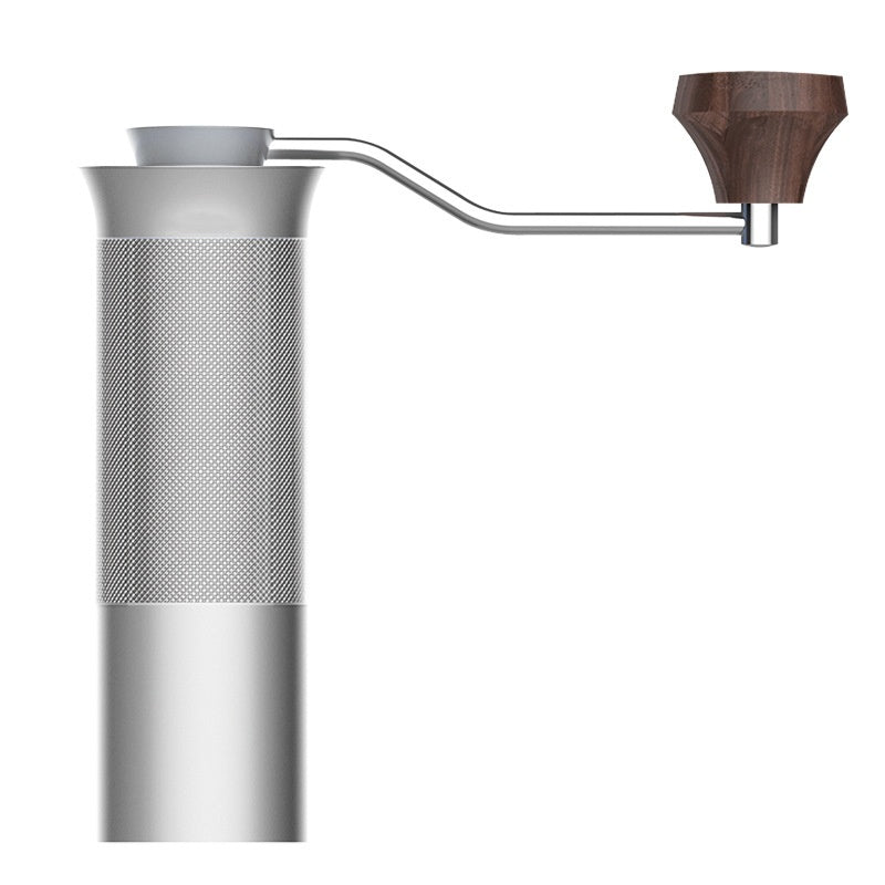 Sleek silver manual coffee grinder with wooden handle, minimalist design.