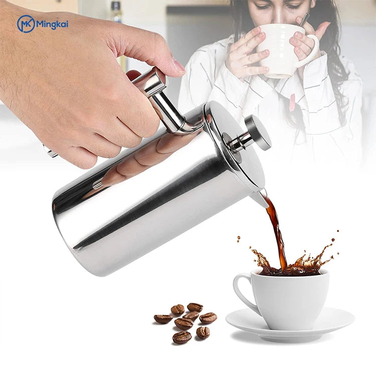 Stainless steel French press pouring coffee