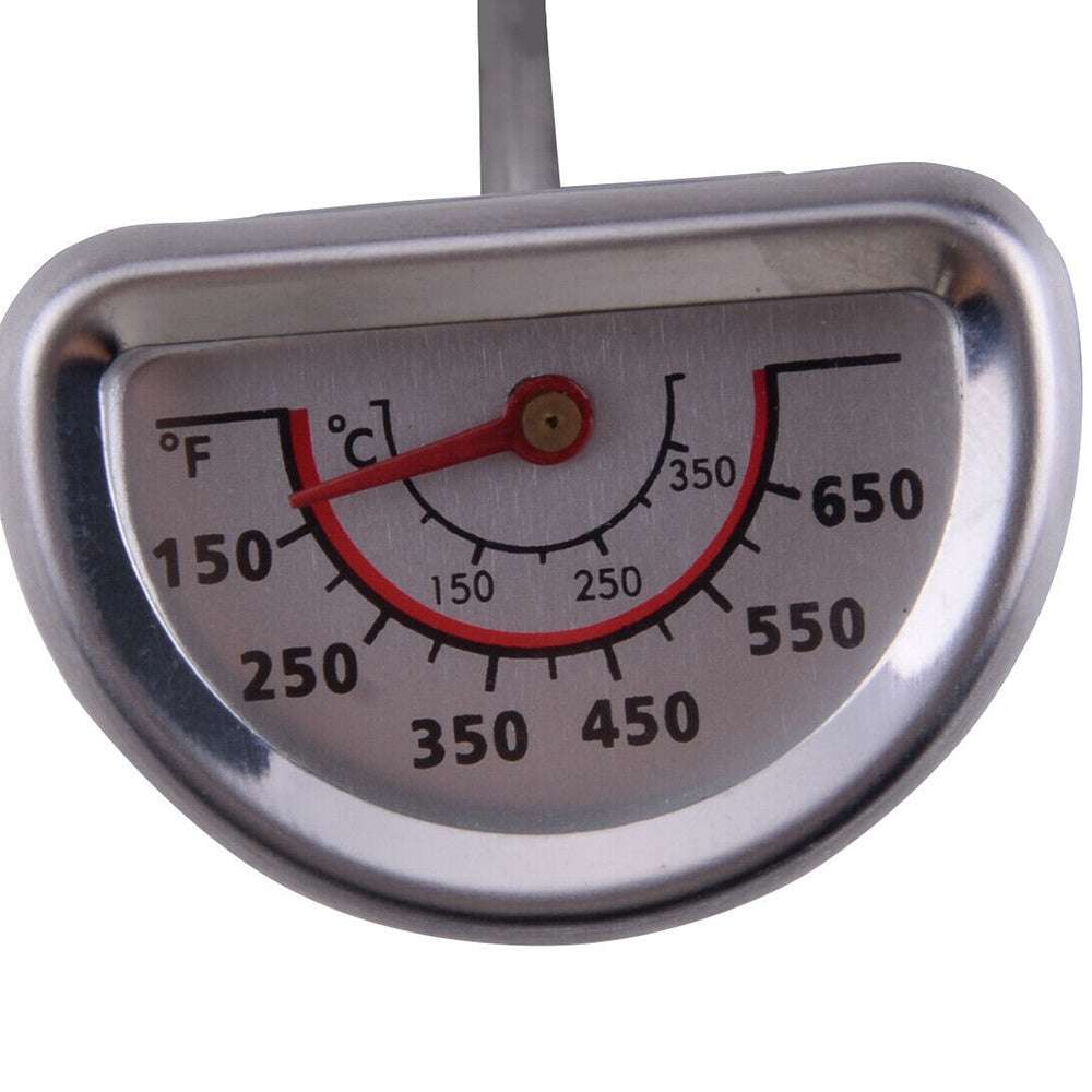 Bimetal coffee thermometer dial with a red pointer, displaying a temperature range from 150°F to 650°F and 0°C to 350°C. An essential tool for home coffee lovers.