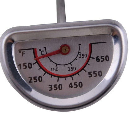 Bimetal coffee thermometer dial with a red pointer, displaying a temperature range from 150°F to 650°F and 0°C to 350°C. An essential tool for home coffee lovers.