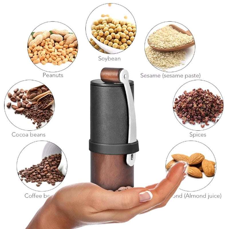 Versatile black and wood manual grinder for coffee beans, spices, nuts, and more. Multi-purpose kitchen tool.