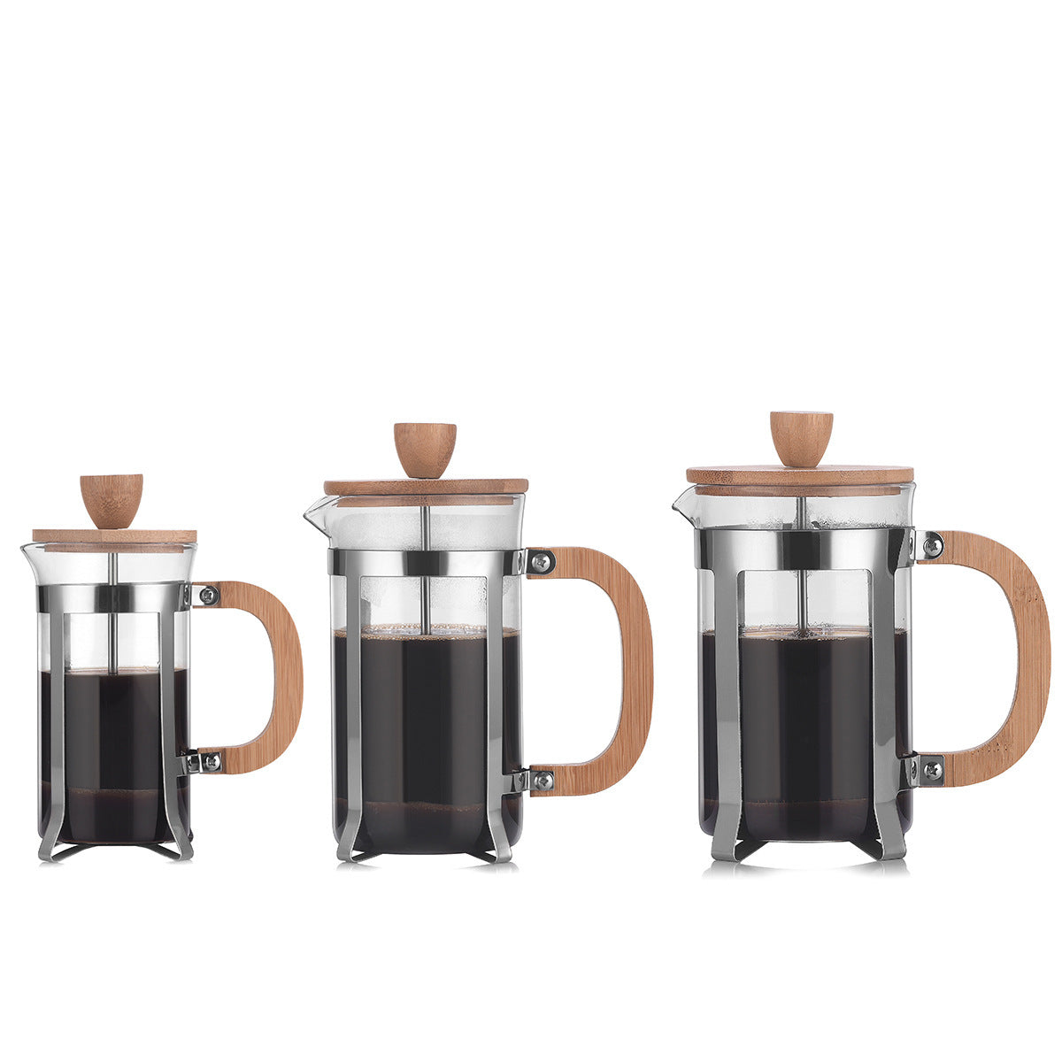Three French press coffee makers with wooden handles on a white background Shop now free shipping