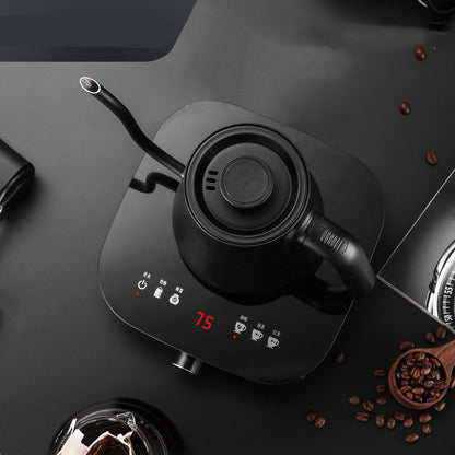 Black smart gooseneck kettle with digital temperature display for pour-over coffee, showing 75 degrees. Ideal for precision brewing at home.