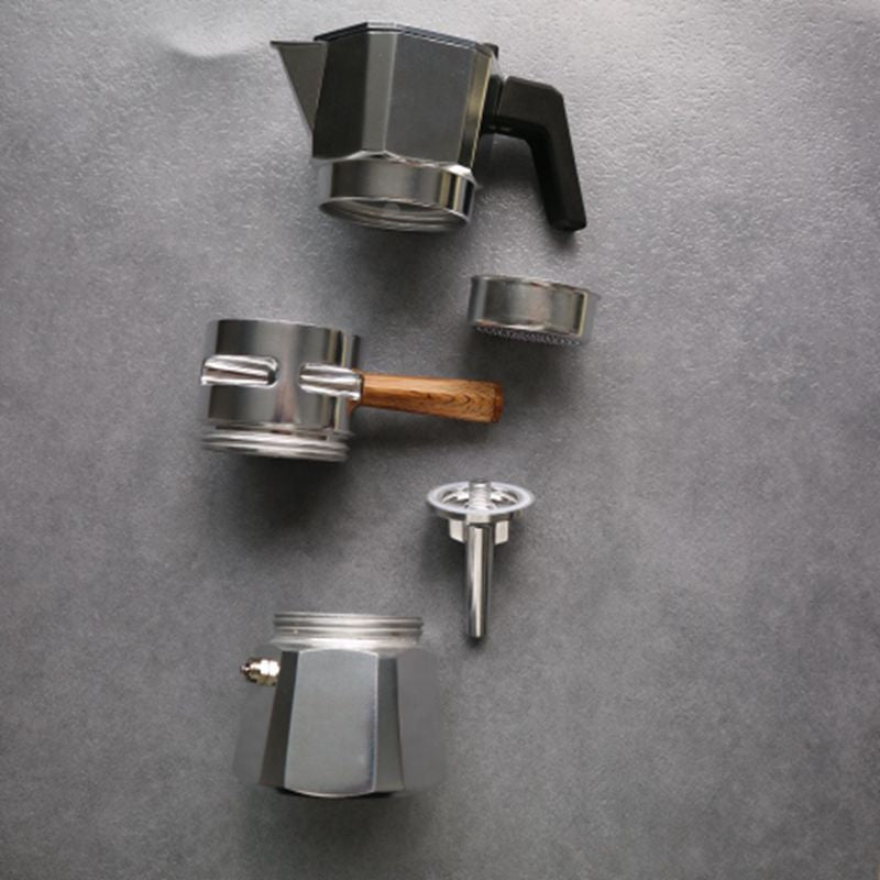 Exploded view Hexagon Moka Pot. Silver stovetop espresso maker parts. Coffee brewer components.