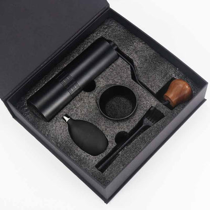 Premium black manual coffee grinder gift set with cleaning brush, air blower – ideal home barista kit.